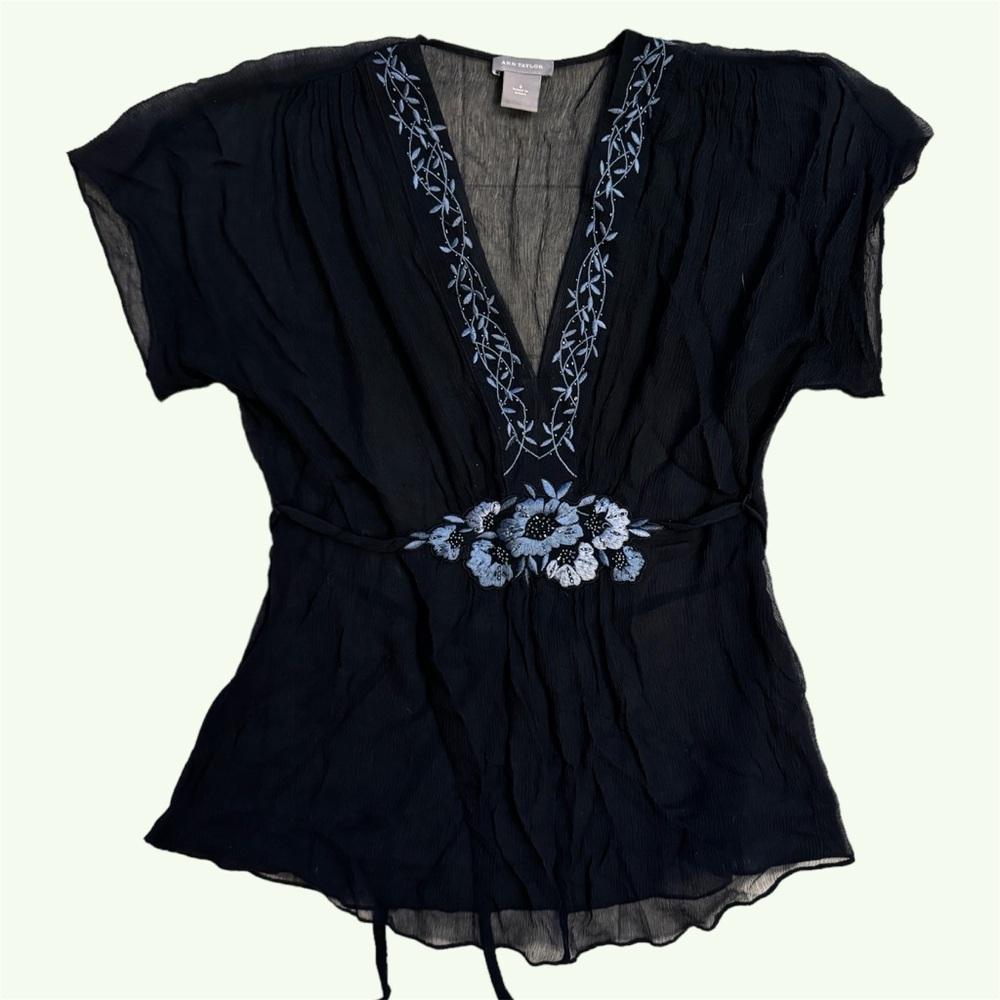 Navy blue vintage sheer beaded blouse